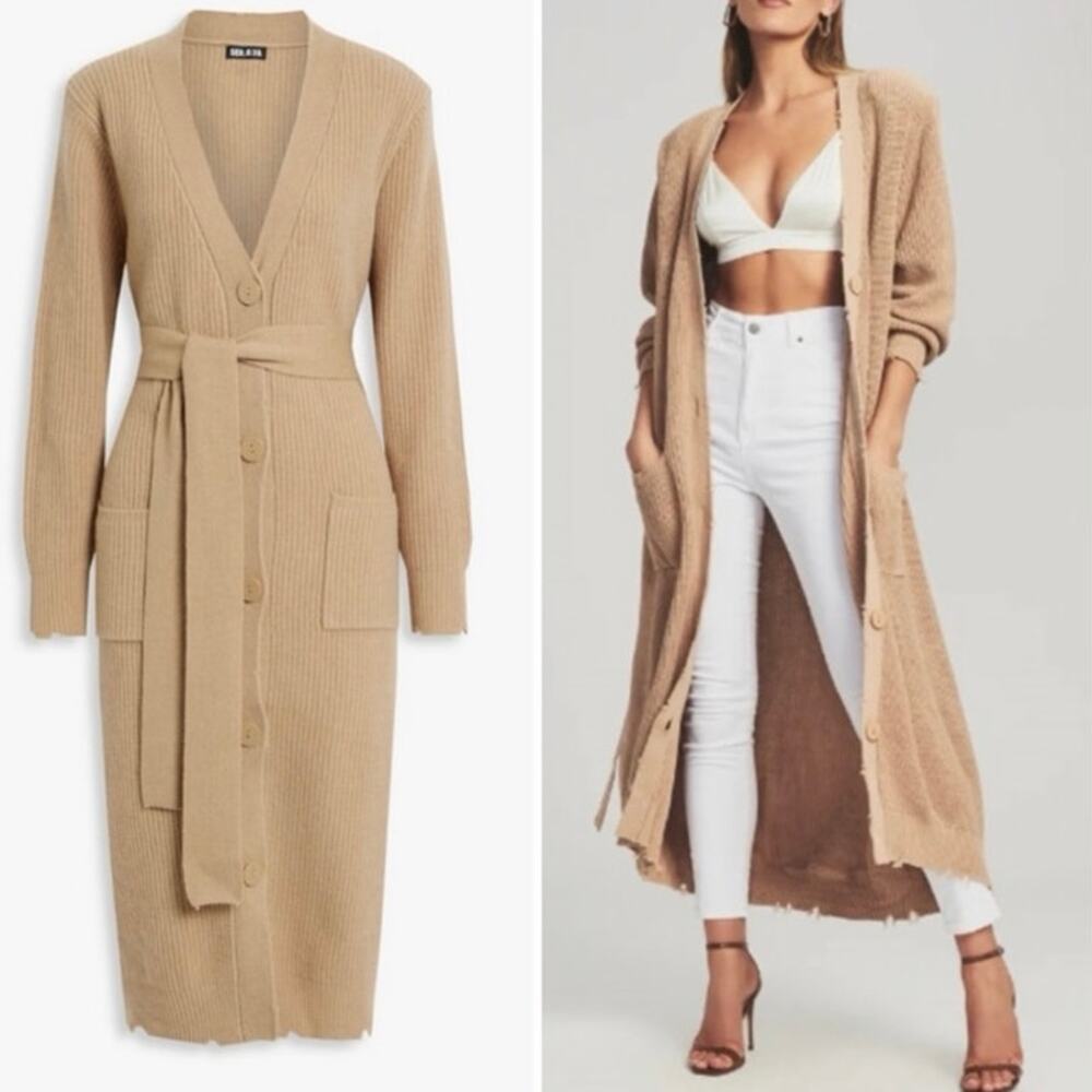 SER.O.YA Camel Knit Midi Cardigan Coatigan